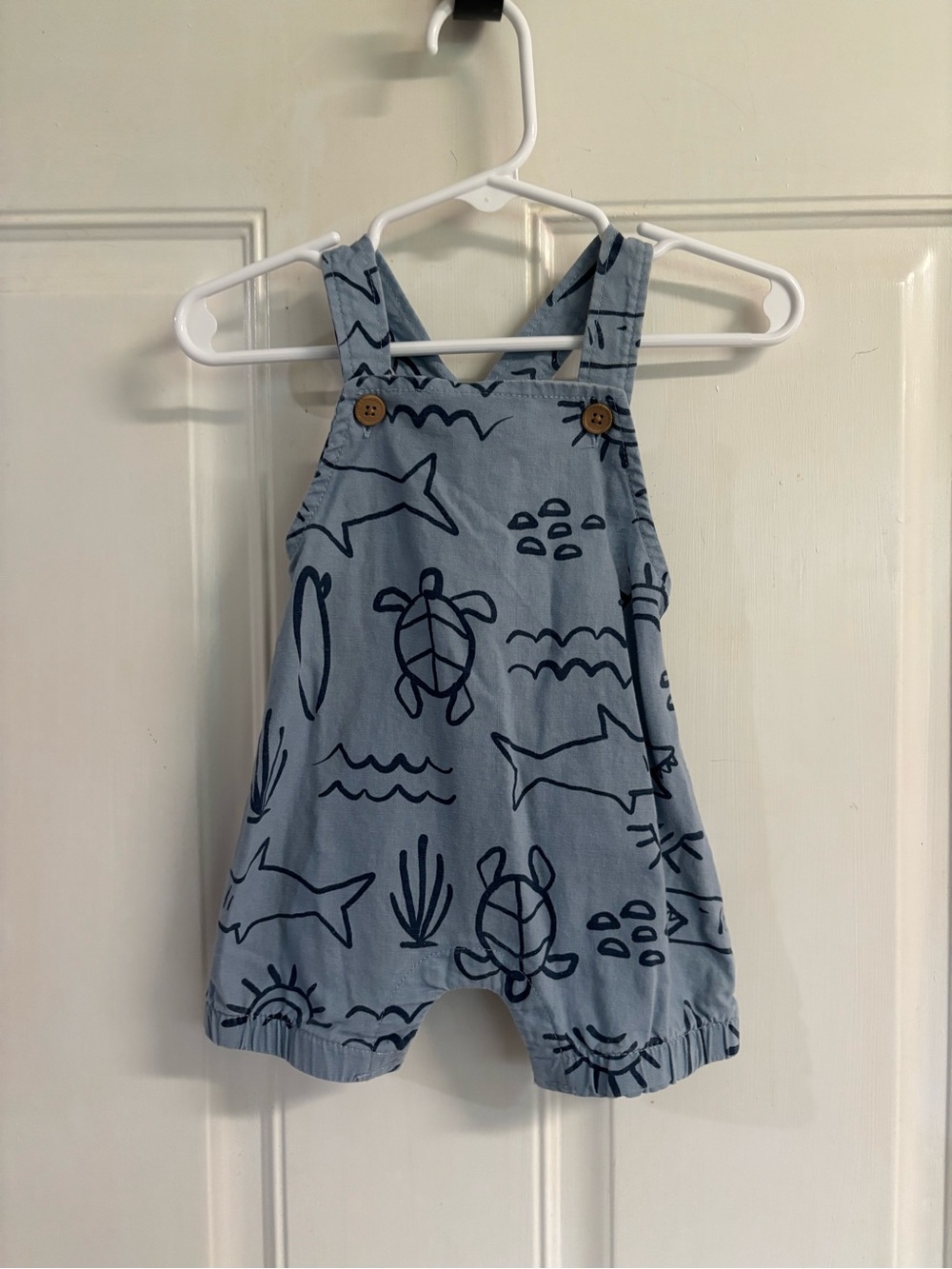 0/3M Child of Mine/Carter's light blue/Navy sea creature overall romper.  In EUC